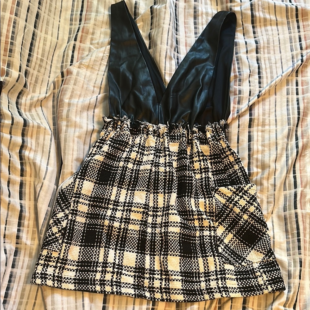 Black and White Plaid Dress with Leather Top